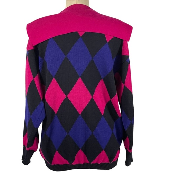 Vintage Laurel By Escada Wool Black Pink Blue Harlequin Diamond Cardigan Sz 42 - Picture 7 of 13